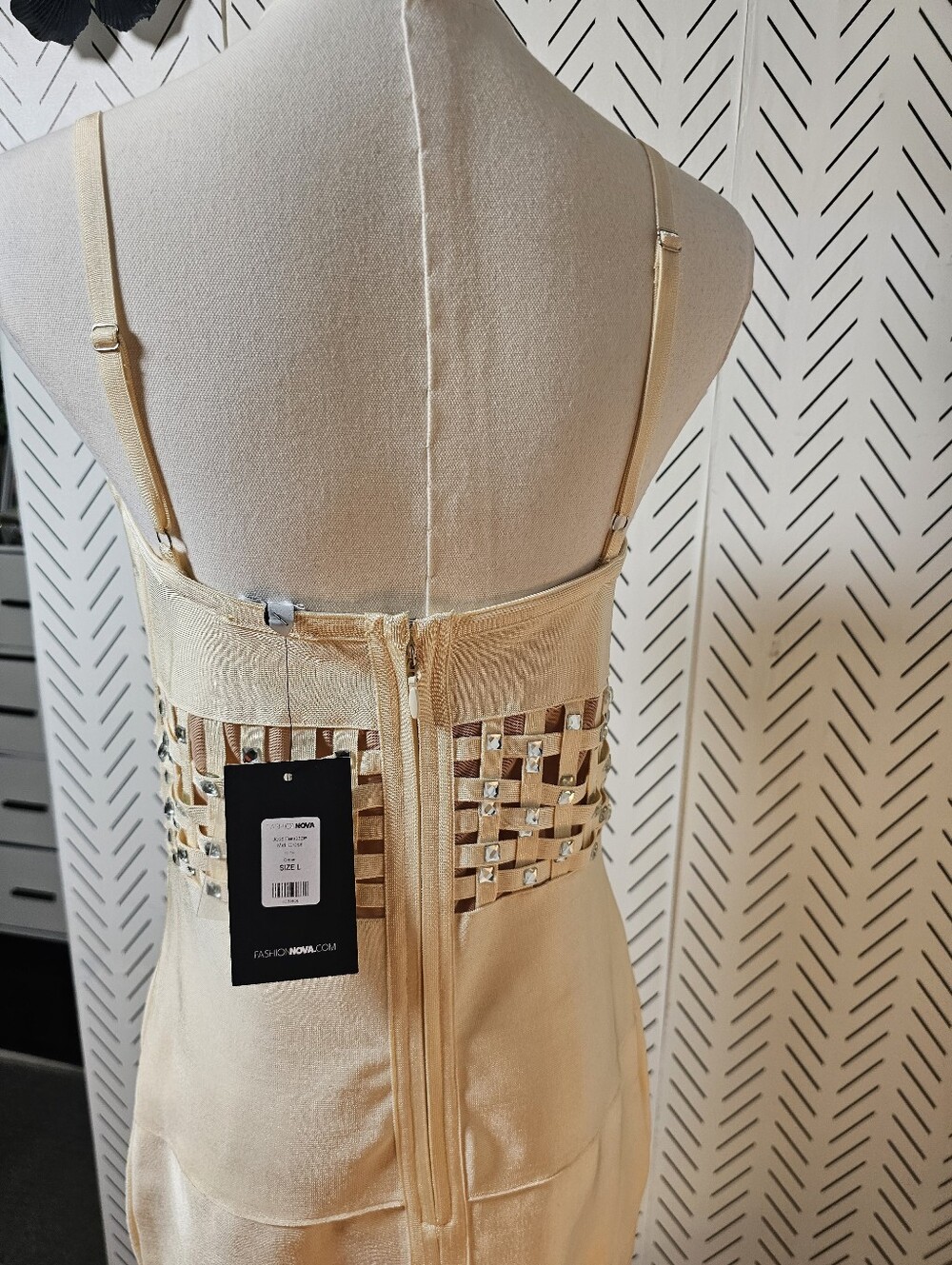 Fashion Nova Cream Strappy Midi Dress with Woven Rhinestone Waistband - Picture 7 of 11
